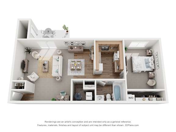 A 3D floor plan of a small apartment with a kitchen, living room, and bathroom.