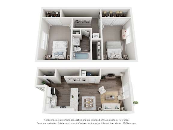 A floor plan of a small apartment with a kitchen, living room, and two bedrooms.