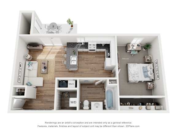 A 3D floor plan of a small apartment with a kitchen, living room, and bedrooms.