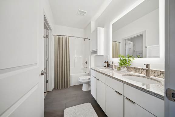A bathroom with a toilet, sink, and mirror at Circ Apartments, Virginia