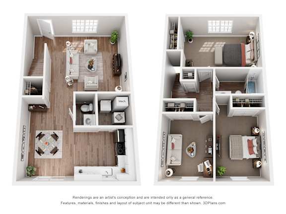 Riviera 2 bedroom 1 bathroom   Floor Plan at The Courtyards of Chanticleer Apartments, Virginia, 23451