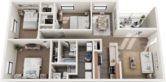 3 bed 2 bath floor plan at Sawgrass Apartments, Charleston, SC