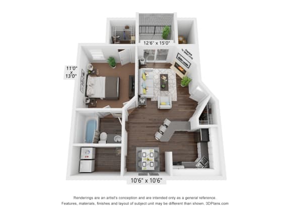 The Gardenia 1 bedroom 1 bathroom floor plan at Sawgrass Apartments in Orlando FL