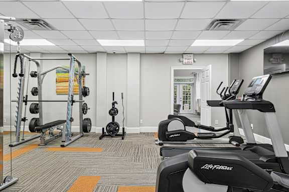 A gym with a treadmill, weights, and exercise equipment.
