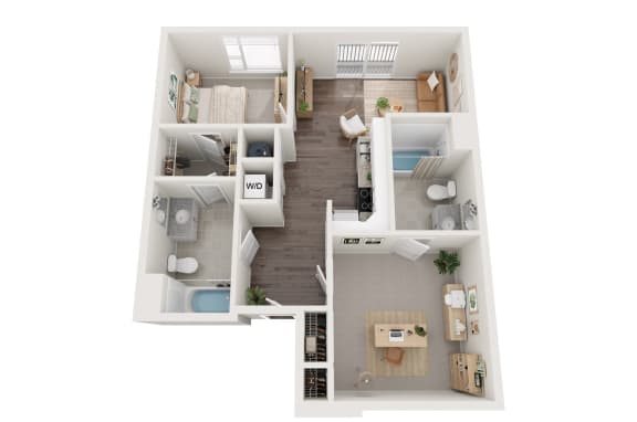 a stylized floor plan with a bedroom and a bathroom