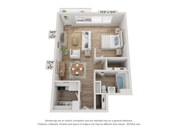 1 bedroom 1 bathroom floor plan B at The Lafayette, Norfolk, Virginia