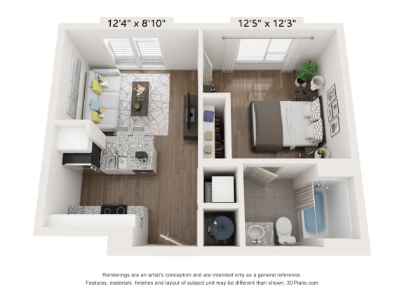 1 Bedroom 1 Bath Floor Plan at The Point Apartments on 38th, Norfolk, VA