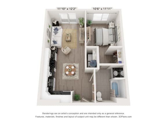 1 Bedroom 1 Bath Floor Plan at The Point Apartments on 38th, Norfolk, VA