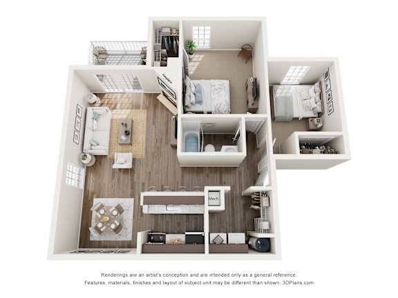 2 bed 1 bath Hemlock Floor Plan at The Timbers, Richmond, VA, 23235