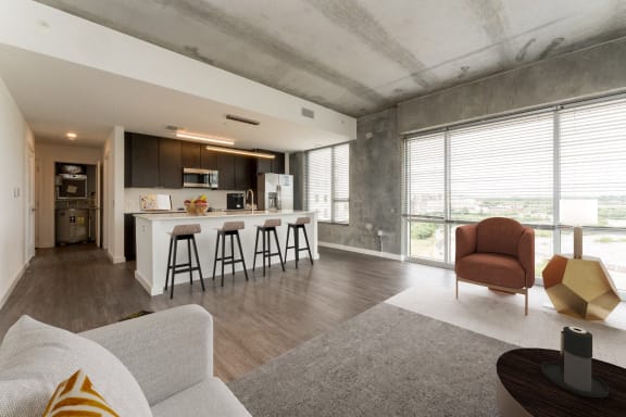 Living Area with Kitchen at South Falls Tower Apartments, Richmond, VA