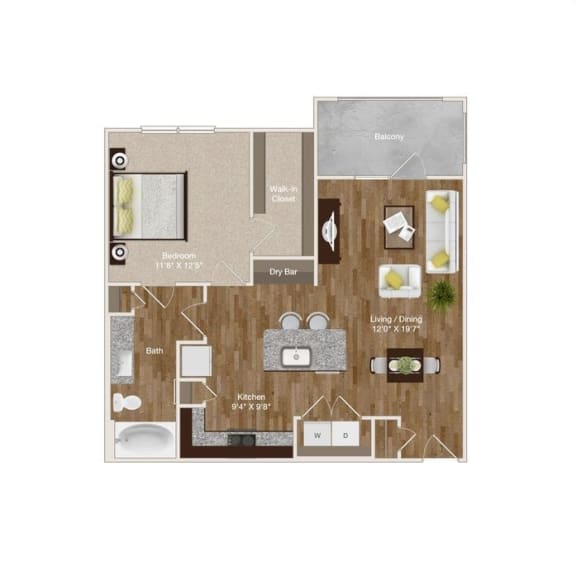 1 Bedroom and 1 Bathroom open floor plan unit with kitchen island, dry bar, and large balcony at Park at Rialto Apartments, San Antonio, 78257