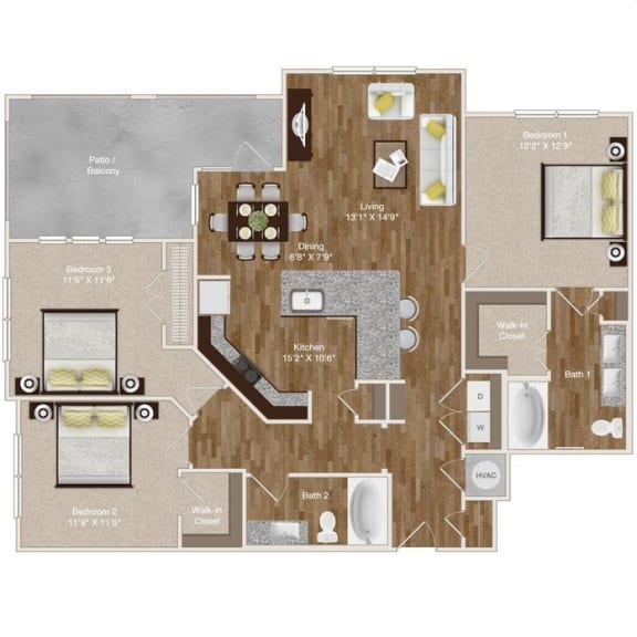3 Bedroom and 2 Bathroom with L-shaped kitchen island and large patio space at Park at Rialto Apartments, San Antonio, TX