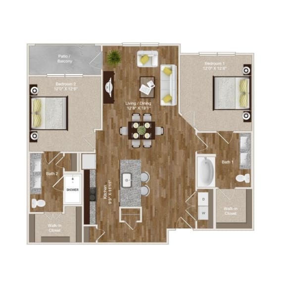 2 Bedroom and 2 Bathroom apartment with a kitchen island and balcony/patio at Park at Rialto Apartments, San Antonio