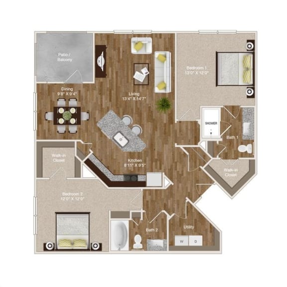 2 Bedroom and 2 Bathroom open dining and living space with kitchen island and balcony at Park at Rialto Apartments, Texas