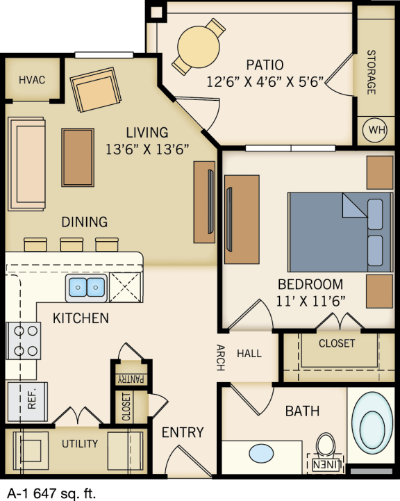 One Bedroom & One Bathroom with Private Patio and Storage Closet. 647 Square Feet