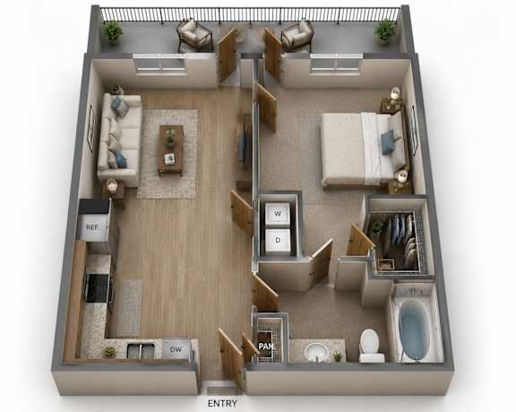 Floor Plan  One Bedroom and One Bathroom with Tub. 607 Square Feet.