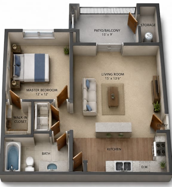 Floor Plan  Cozy One Bedroom & One Bathroom. Kitchen Island | Walk-In-Closet | Private Patio with Storage Closet.