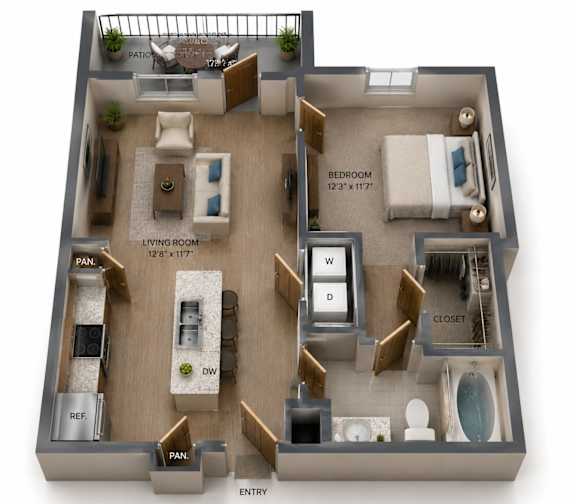Floor Plan  One Bedroom and One Bathroom with Tub. 624 Square Feet.