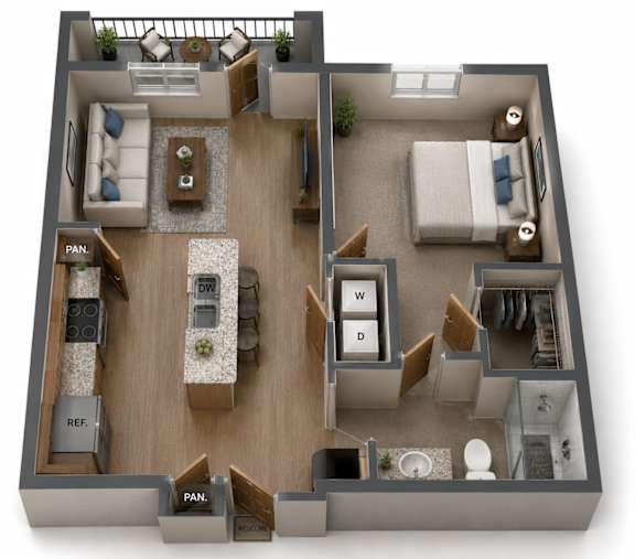 Floor Plan  A 3D floor plan of a house showing a living room, dining room, kitchen, and bathrooms.