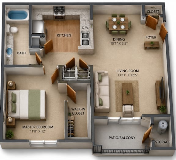 Floor Plan  One Bedroom & One Bathroom. Open Floor Plan with Living Room and Dining Area. Walk-In-Closet, Private Patio with Storage.