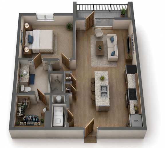 Floor Plan  One Bedroom and One Bathroom with Tub. 672 Square Feet.