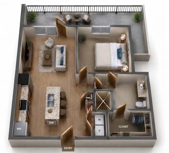 Floor Plan  One Bedroom and One Bathroom with Walk In Shower. 700 Square Feet. Partial wrap around deck.