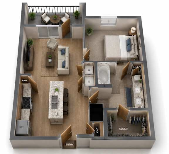 Floor Plan  One Bedroom and One Bathroom with Small Balcony. 741 Square Feet