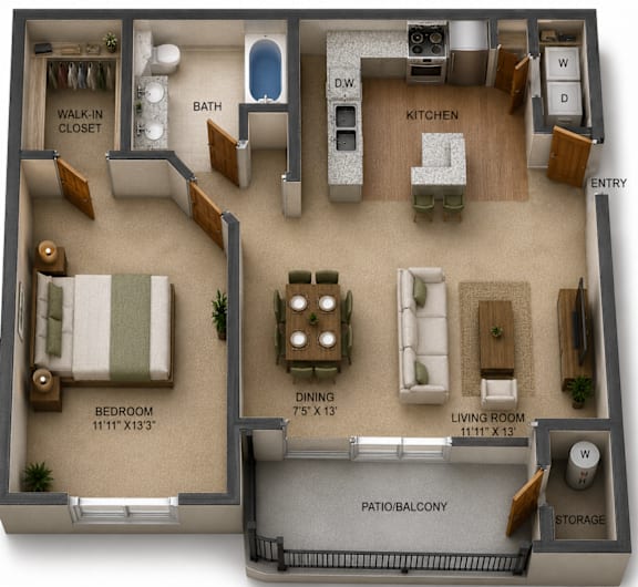 Floor Plan  One Bedroom & One Bathroom with Walk-In-Closet. Open Floor Plan with Living Room and Dining Area, Kitchen Island, Private Patio with Storage.