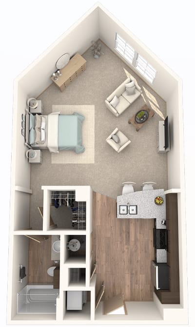 Floor Plan  A 3D rendered image of a small apartment layout at District at Medical Center, San Antonio, 78229