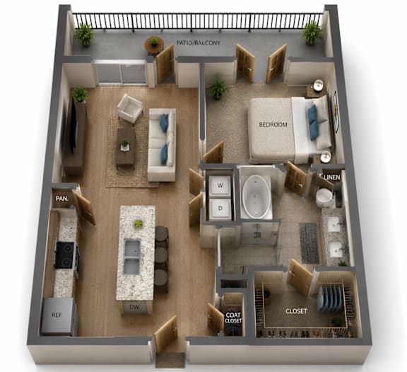 Floor Plan  One bedroom and One bathroom with Full Size Balcony. 768 Square Feet