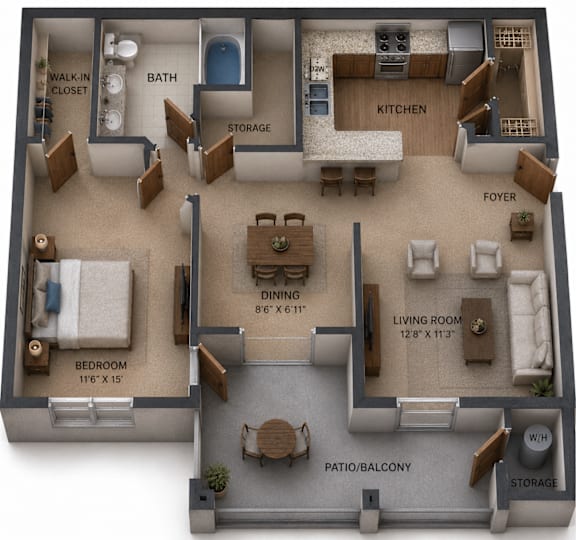 Floor Plan  One Bedroom & One Bathroom with Walk-In-Closet. Foyer, Living Room, Private Dining Area, Large Kitchen. Access to Private Patio from Bedroom and Living Room. Two Separate Storage Closets.