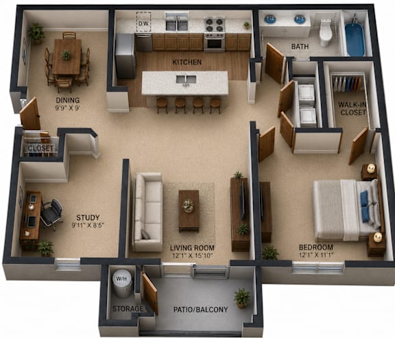 Floor Plan  Stunning One Bedroom & One Bathroom with a Den. Cozy Dining Room and open Living Room. Kitchen Island, Private Patio with Storage Unit.
