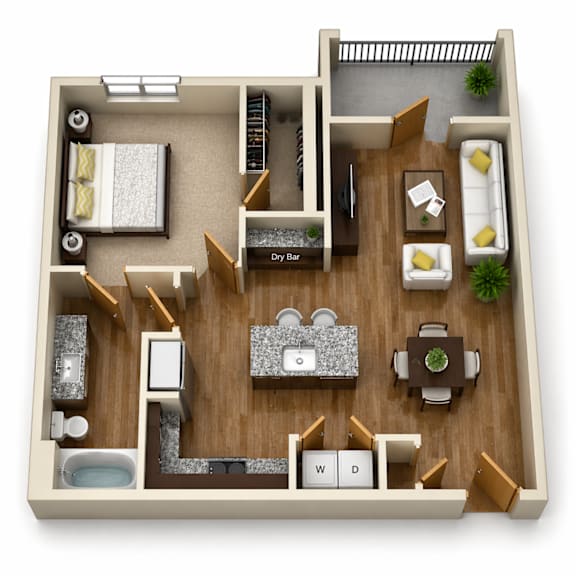 A floor plan of a small apartment with a kitchen, living room, and bathroom.