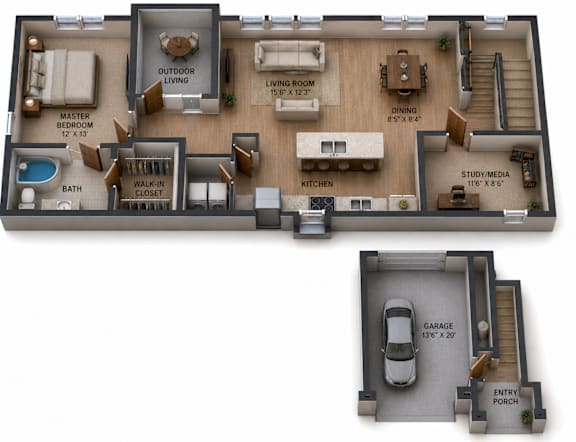 Floor Plan  Largest One Bedroom & One Bathroom. Attached Garage. Bedroom offers Walk-In-Closet, Kitchen Island, Study/Den Area, and cozy Private Patio.