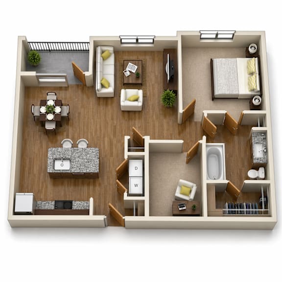 A top-down view of a well-organized apartment layout with labeled sections.