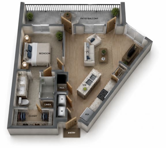 Floor Plan  One bedroom and One Bathroom with Walk-In Shower. Kitchen Island & Full Size Balcony. 858 Square Feet