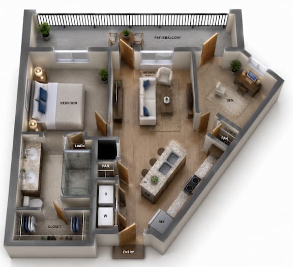 Floor Plan  One Bedroom and One Bathroom with Walk-In Shower. Features Den and Full Size Balcony. 858 Square Feet