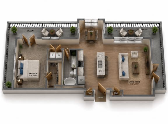 Floor Plan  One Bedroom and One Bathroom with Kitchen Island. Features full size wrap around balcony. 883 Square Feet