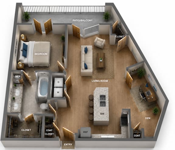 Floor Plan  One bedroom and one bathroom with Kitchen Island. Features Den and private balcony. 1037 Square Feet