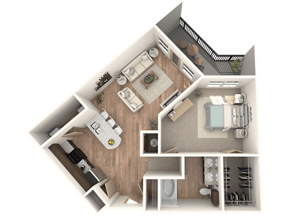 A 3D floor plan of a house showing a kitchen, living room, dining room, and bathroom at District at Medical Center, San Antonio, 78229