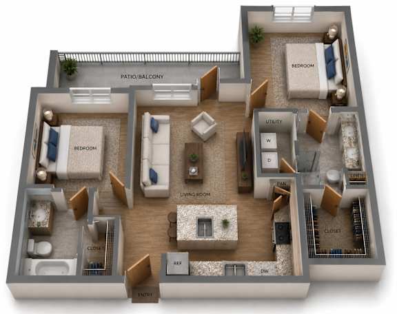 Floor Plan  Two Bedroom and Two Bathroom. Private Balcony.  995 Square Feet