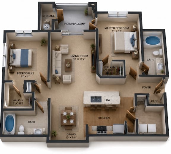 Floor Plan  Two Bedrooms & Two Baths. Kitchen Island with Pantry. Dining Room and Living Room with Private Patio and Storage Closet.