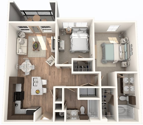 Floor Plan  A 3D floor plan of a house showing a kitchen, living room, dining room, and bedrooms at District at Medical Center, San Antonio, 78229