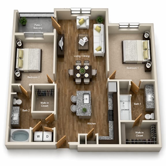 A 3D floor plan of a house showing a living room, two bedrooms, a kitchen, a dining room, and bathrooms.
