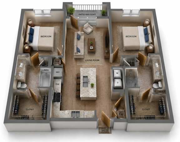 Floor Plan  Two Bedroom and Two Bathroom. Kitchen Island and Private Balcony.  1080 Square Feet