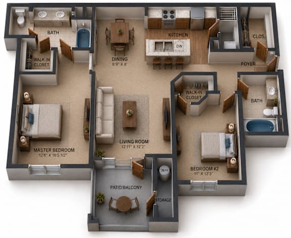 Floor Plan  Two Bedrooms & Two Bathrooms. Bedrooms offer Walk-In-Closets. Open Floor Plan with Kitchen Island, Living Room and Dining Room. Private Patio with Storage Closet.