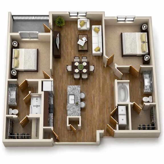 A 3D floor plan of a house with a living room, dining room, kitchen, and bathrooms.
