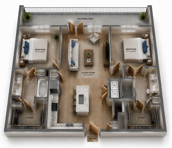 Floor Plan  A 3D layout of a house showing the arrangement of rooms.