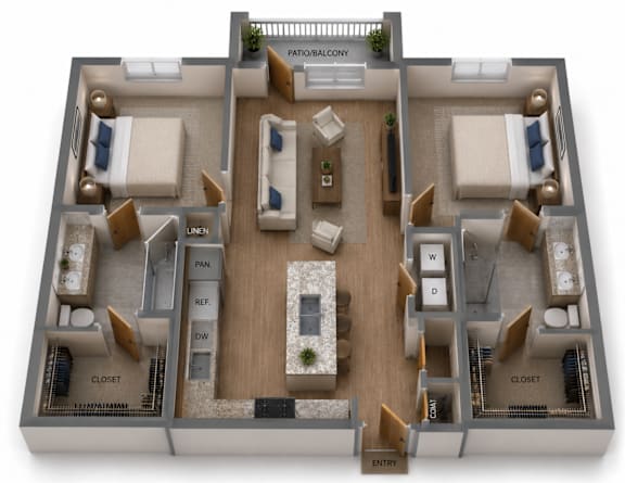 Floor Plan  Two Bedroom and Two Bathroom. Private Balcony.  1119 Square Feet