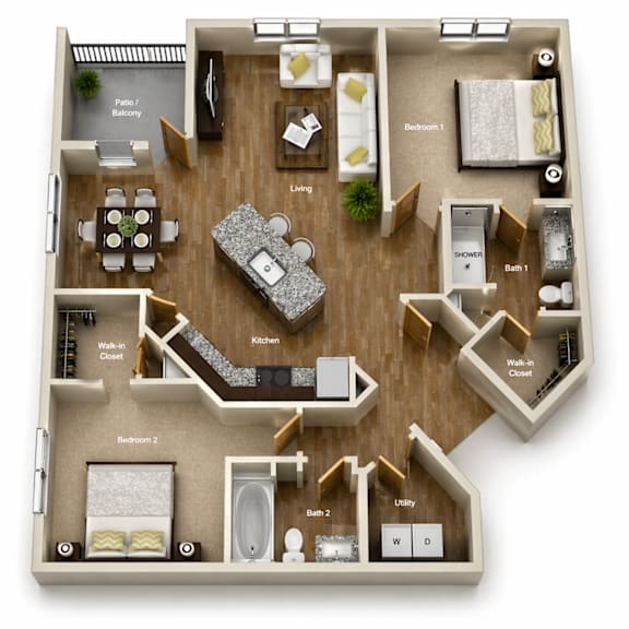 A floor plan of a house with two bedrooms, a living room, a kitchen, a dining room, a patio/balcony, a walk-in closet, a utility room, and a bathroom.
